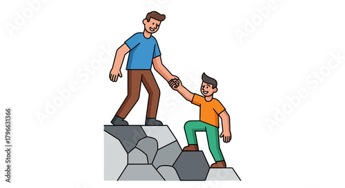 Illustration Of Two People Helping Each Other To Climb Rock Mountain Successfully