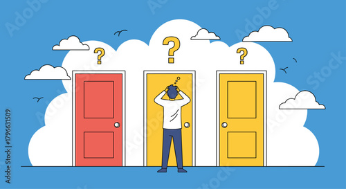 Overwhelmed person facing difficult choices with three colorful doors, a symbol of decisions and opportunities in life or business challenges