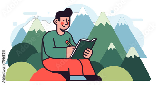 Inspiring Illustration Of A Person Reading And Writing In Front Of Mountain Scenery