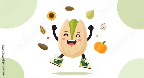 Joyful Cartoon Pistachio Celebrating With Seeds and Mini Pumpkin Illustration
