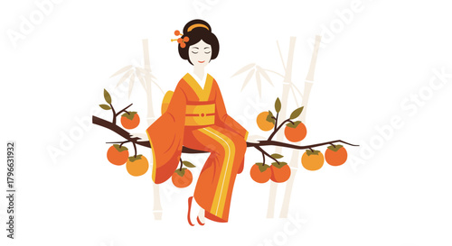 Japanese Geisha Serene Portrait With Persimmon Branch Amidst Bamboo Elements