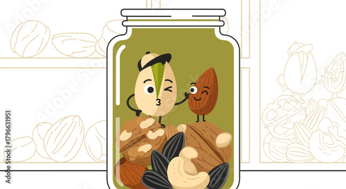 Jar Of Nuts Featuring Amusing Characters Showing Delightful Expressions And Poses