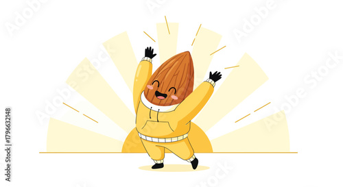 Joyful Almond Cartoon Character Appears Happy and Enthusiastic in an Animated Sunny Design