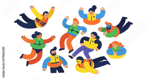 Joyful Characters Floating with Life Jackets Against a Dark Backdrop