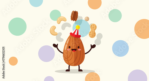 Joyful Almond Celebrating with Nuts and Colorful Confetti in a Whimsical Illustration