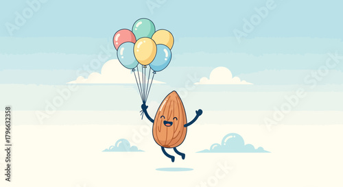Joyful Almond Soaring With Colorful Balloons Through a Serene Blue Sky