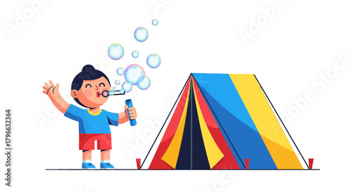 Joyful Child Blowing Bubbles Near a Colorful Camping Tent For Outdoor Fun