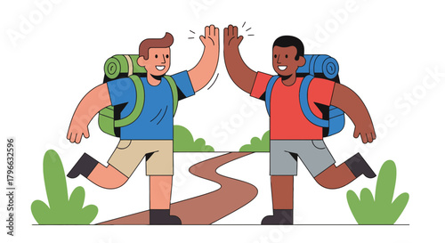 Joyful Backpackers Celebrate A Successful Hiking Adventure with High-Fives