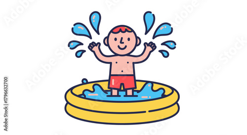 Joyful Child Playing Inflatable Pool During Summer Weather With Animated Spashes