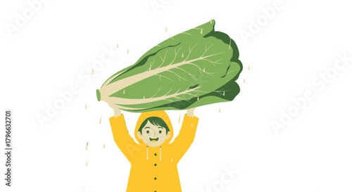 Joyful Child Protecting Big Lettuce Leaf Under Rain in An Illustration