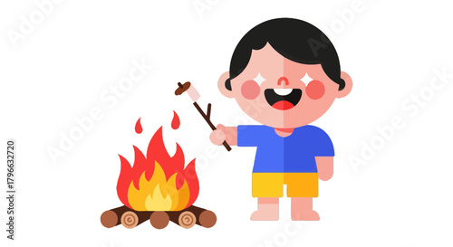 Joyful Child Roasting Marshmallows Over a Campfire Celebrating Outdoor Adventures