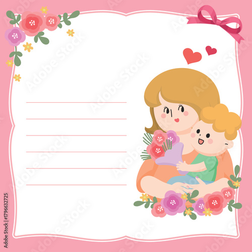 Pink Frame Flat Design Mother & Toddler Floral Card with writing space for Mother's Day baby showers or birthday greetings