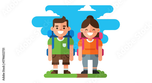 Joyful Backpackers Ready For an Adventure With Smiling Faces Under a Vibrant Blue Sky