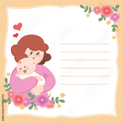 Cute Flat Design Mother & Baby Floral Card with writing space for Mother's Day baby showers or birthday greetings