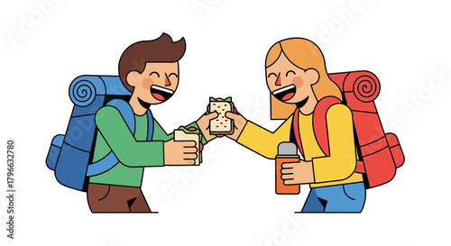 Joyful Backpackers Sharing Packed Lunches During an Outdoor Hiking Expedition