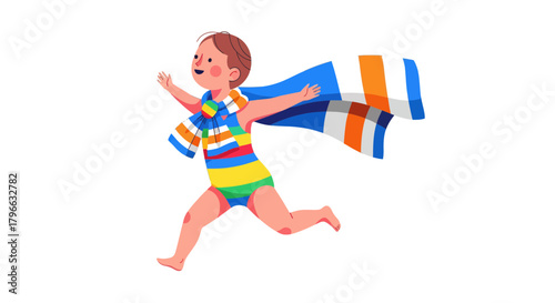 Joyful Child Superhero Running With Colorful Clothes And Vibrant Colored Cape