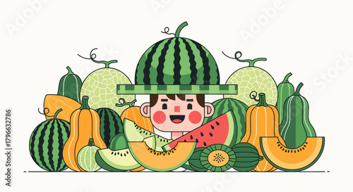 Joyful Child Surrounded With Assortment Of Lush Fruits And Vegetables