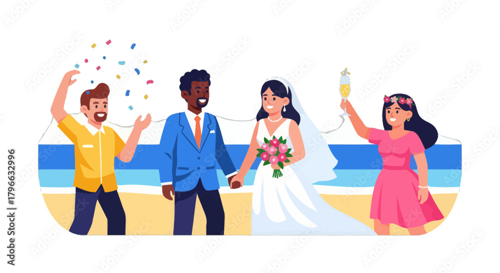 Fototapeta premium Joyful Beachside Nuptials: Diverse Couple Celebrates Their Wedding With Friends