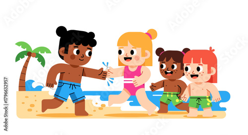 Joyful Beach Day: Cartoon Kids Frolicking by the Shore Under a Palm Tree