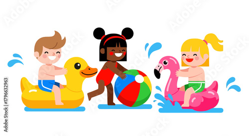 Joyful Children Enjoying Summer Water Fun with Playful Inflatables Near Open Water