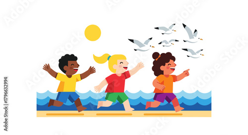 Joyful Beach Run: Children Chasing Seagulls Under The Summer Sun At Seaside