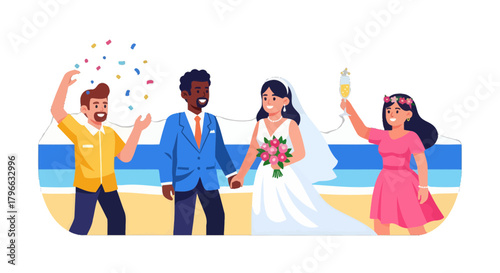 Joyful Beachside Nuptials: Diverse Couple Celebrates Their Wedding With Friends