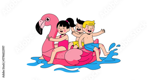Joyful Children Float on a Pink Flamingo in the Water, Vivid Summer Fun