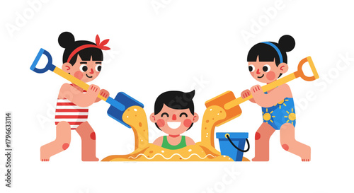 Joyful Children Playing On Beach With Sand, Shovels, Sun And Bucket