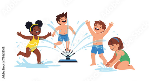Joyful Children Playing With Water Sprinkler During Summer Time Outdoors