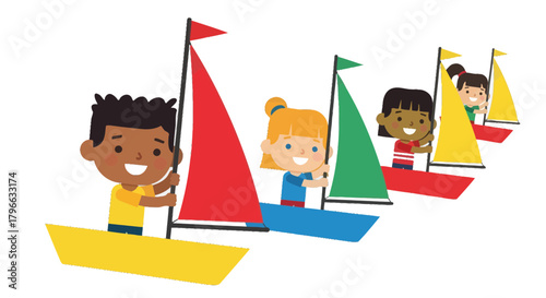 Joyful Children Sailing Colorful Boats Against a Black Backdrop, Cartoon Illustration