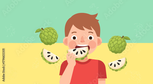 Joyful Boy Relishes Custard Apple Delight: A Fresh and Vibrant Illustration