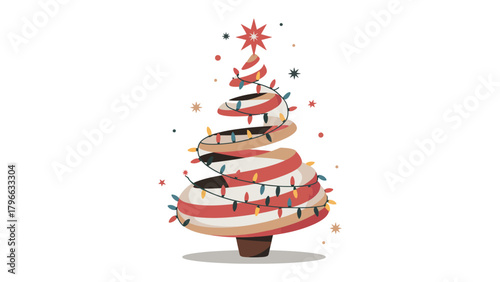 Festive Whirl: A whimsical holiday tree swirls with lights and cheer, adorned with a shining star at its apex. A visual delight that embodies the joy and warmth of the festive season.