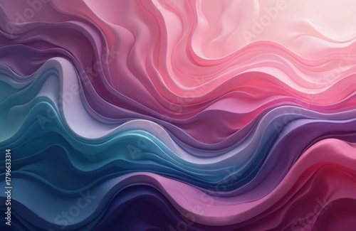 Fluid abstract background with flowing waves of pastel colors including pink purple and blue hues. Smooth fabric like texture with soft light illumination.