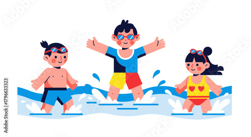 Joyful Children Swimming in Pristine Water on Summer Escapade Cartoon Illustration