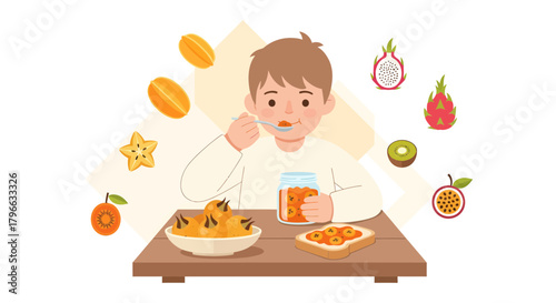 Joyful Boy Relishes Delicious Tropical Fruits And Healthy Breakfast At The Table
