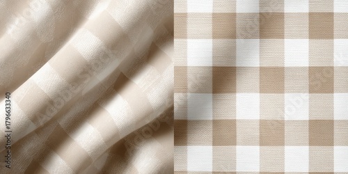Beige and white gingham fabric, draped and flat, textured background