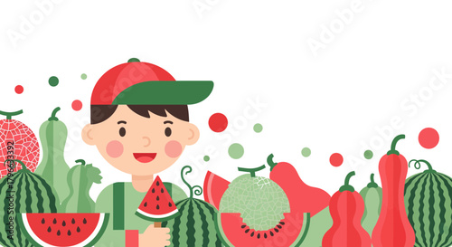 Joyful Boy With Watermelon and Other Summer Fruits Illustration on White Background