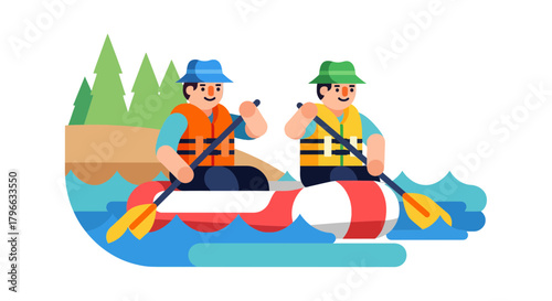 Joyful Companions Canoeing Together on a Calm Lake Near Lush Green Mountains