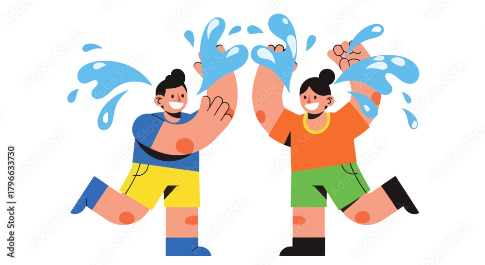 Fototapeta premium Joyful Companions Playing With Water Splashes Against A Black Background