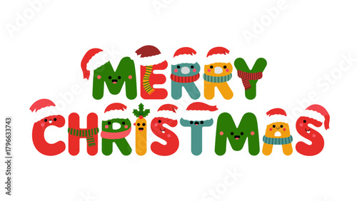 Cheerful Christmas Wishes: A vibrant and playful Merry Christmas greeting. each letter comes alive with its own festive character, wearing Santa hats and bringing the Christmas spirit to life.