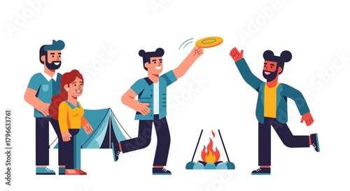 Joyful Companions Playing Frisbee near Camping Site at Night Together