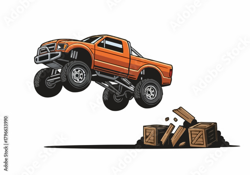 Orange vector monster truck jumping destroying wooden crates illustration extreme sports event design element offroad vehicle stunt show concept