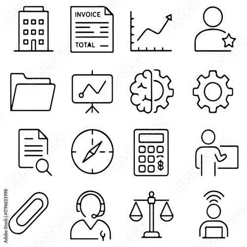 Business, Legal & Office Icon Set
A professional line-style icon collection covering business operations, legal roles, office tools, and data visualization—ideal for corporate presentations, apps, and