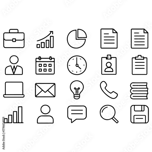 Business & Office UI Icon Set – Line Style
 A sleek and versatile icon pack featuring essential business tools, office elements, and user interface symbols—ideal for apps, dashboards, pres