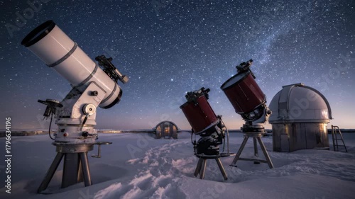 Three telescopes stand in a snowy observatory under a starry night sky Domes and a building are also visible