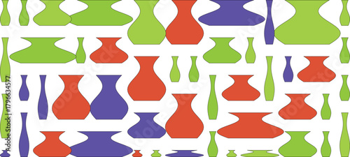 A colorful pattern of various vases and bottles in green, purple, and red, isolated on a white background