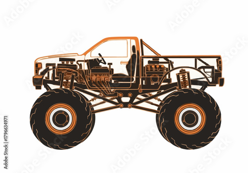 Detailed vector illustration of extreme offroad racing vehicle skeleton high performance monster truck chassis design showing engine suspension and huge wheels