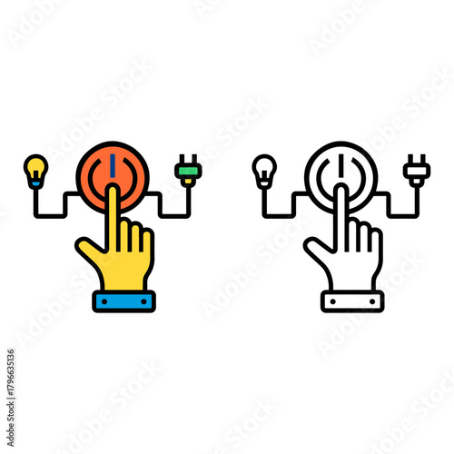 A minimal line-style icon showing a hand pressing a power button connected to a light bulb and plug—ideal for illustrating energy control, system activation, or smart technology interfaces.