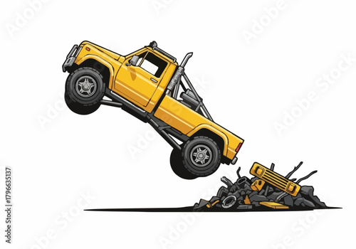 Yellow monster truck vector illustration jumping high crushing scrap metal pile demonstrating extreme offroad power and durability