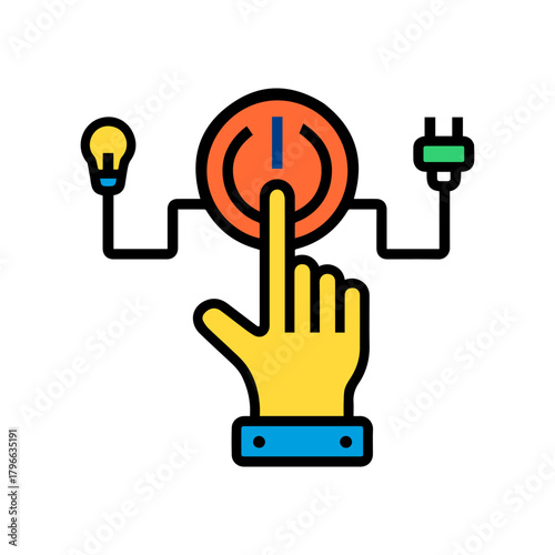 A minimal line-style icon showing a hand pressing a power button connected to a light bulb and plug—ideal for illustrating energy control, system activation, or smart technology interfaces.